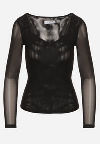 Born2be - Czarna Bluzka Siateczkowa z Wiskozą z Długim Rękawem i Dekoltem w Serce Elanne. Okazja: na co dzień. Kolor: czarny. Materiał: wiskoza. Długość rękawa: długi rękaw. Długość: długie. Styl: klasyczny, casual, elegancki #3