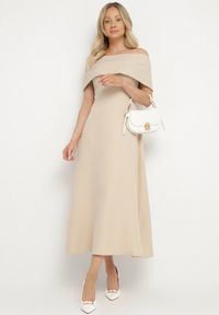 Born2be - Beżowa Sukienka o Rozkloszowanym Kroju na Ramiączkach z Wywijanym Dekoltem Jenathia. Okazja: na ślub cywilny, na imprezę, na wesele, na studniówkę. Kolor: beżowy. Długość rękawa: na ramiączkach #3