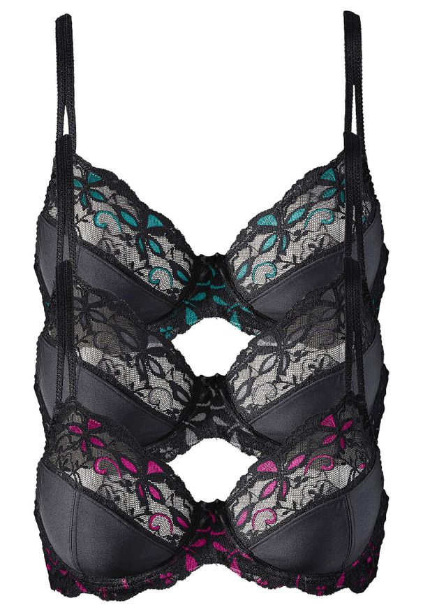 bonprix - Biustonosz na fiszbinach z delikatną koronką (3 szt.). Kolor: czarny. Materiał: poliamid, koronka. Wzór: koronka