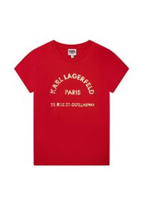 Karl Lagerfeld t-shirt dziecięcy kolor czerwony. Kolor: czerwony. Długość rękawa: krótki rękaw. Długość: krótkie. Wzór: nadruk