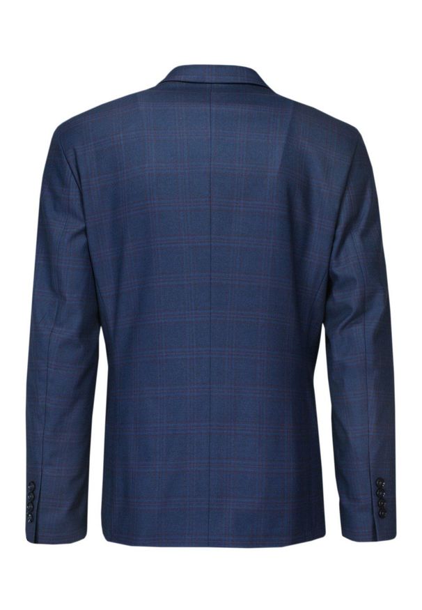Victorio - Garnitur Elegancki SLIM, Granatowy w Kratkę Zapinany na Dwa Guziki, Spodnie w Kant -VICTORIO. Kolor: niebieski. Materiał: wiskoza, poliester, elastan. Wzór: kratka
