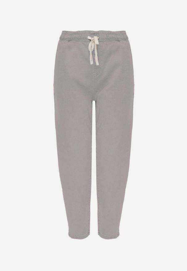 Born2be - Szare Bawełniane Jeansy Typu Mom Fit z Wysokim Stanem i Sznurkiem Viviarinia. Okazja: na co dzień. Stan: podwyższony. Kolor: szary. Styl: casual