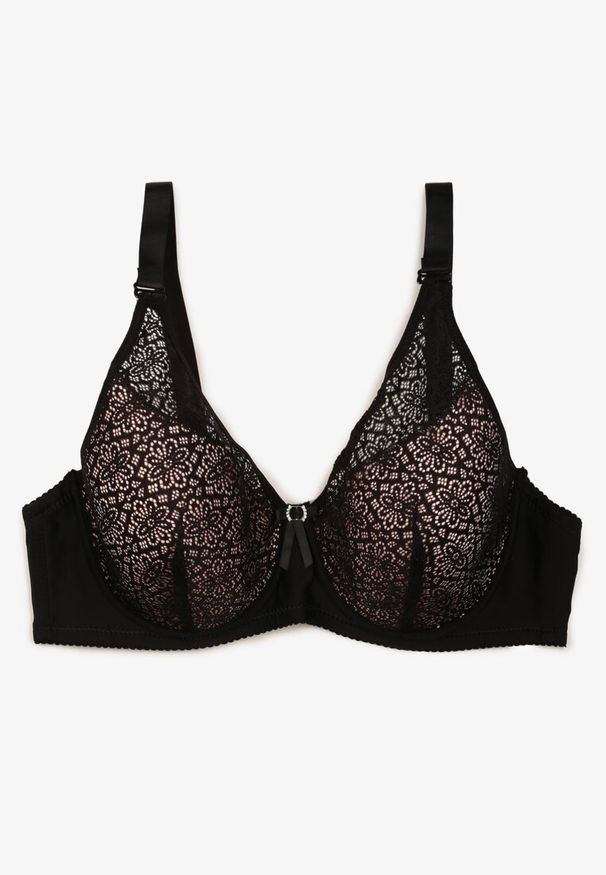 Born2be - Czarno-Różowy Biustonosz Full Cup Koronkowy z Kokardką i Cyrkoniami Lonikoria. Kolor: czarny. Materiał: koronka. Wzór: koronka