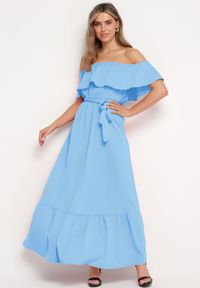 Born2be - Niebieska Sukienka o Rozkloszowanym Fasonie z Hiszpańskim Dekoltem i Materiałowym Paskiem Nacara. Okazja: na co dzień. Kolor: niebieski. Materiał: materiał. Długość rękawa: krótki rękaw. Sezon: lato. Typ sukienki: proste. Styl: casual #2