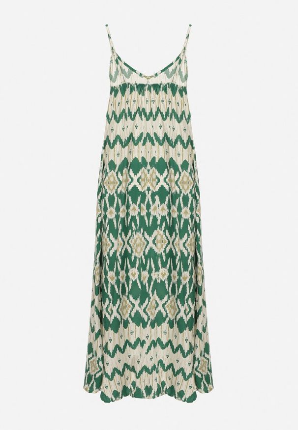 Born2be - Zielona Wiskozowa Sukienka na Regulowanych Ramiączkach o Geometrycznym Wzorze Vididia. Okazja: na co dzień, na plażę. Kolor: zielony. Materiał: wiskoza. Długość rękawa: na ramiączkach. Wzór: geometria. Styl: wakacyjny, casual, klasyczny