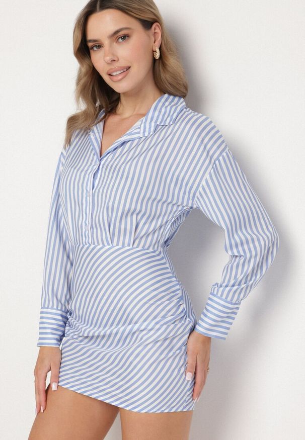Born2be - Jasnoniebieska Koszulowa Sukienka w Paski o Dopasowanym Kroju Meveira. Okazja: na imprezę. Typ kołnierza: kołnierzyk klasyczny. Kolor: niebieski. Długość rękawa: długi rękaw. Wzór: paski. Typ sukienki: koszulowe. Styl: klasyczny
