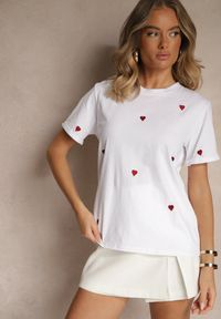 Renee - Biało-Czerwony Bawełniany T-shirt z Motywem Serc Aramiraa. Okazja: na co dzień. Kolor: biały. Materiał: bawełna. Styl: casual #3