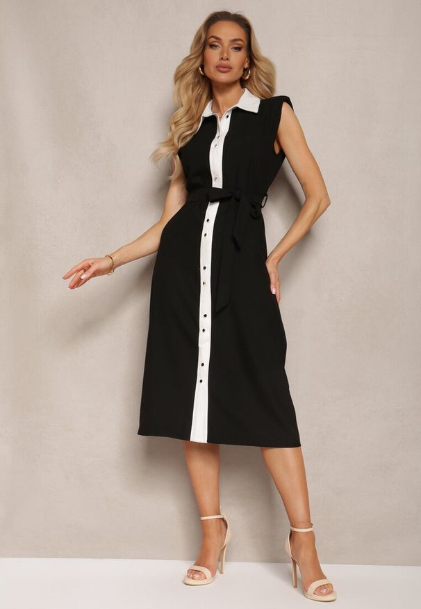 Renee - Czarna Elegancka Sukienka Koszulowa z Materiałowym Paskiem i Guzikami Ninelia. Kolor: czarny. Materiał: materiał. Sezon: lato. Typ sukienki: koszulowe. Styl: elegancki