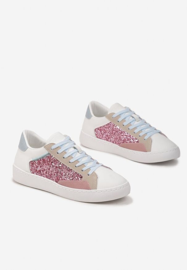 Born2be - Biało-Różowe Kolorowe Sneakersy z Brokatową Wstawką i Sznurowaniem Livora. Kolor: biały. Szerokość cholewki: normalna. Wzór: kolorowy. Obcas: na płaskiej podeszwie