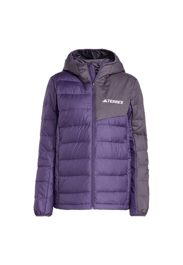 Adidas - Kurtka z kapturem Terrex Multi Light Down CLIMAWARM. Typ kołnierza: kaptur. Kolor: fioletowy, wielokolorowy, czarny. Materiał: puch. Technologia: ClimaWarm (Adidas). Sport: turystyka piesza