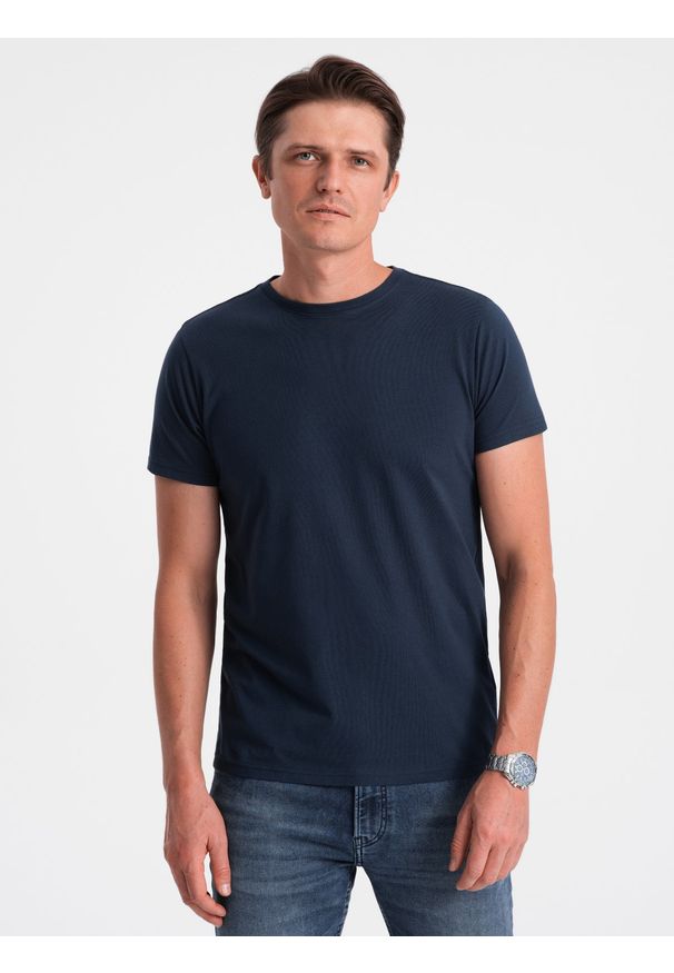 Ombre Clothing - Klasyczny T-shirt męski bawełniany BASIC - granatowy V2 - Rozmiar: S. Kolor: niebieski. Materiał: bawełna. Styl: klasyczny