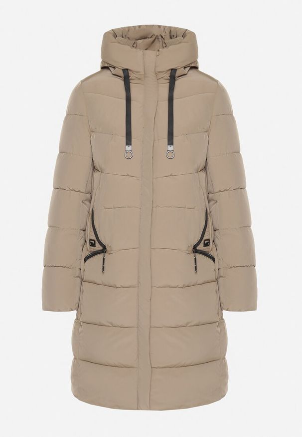 Born2be - Beżowa Pikowana Kurtka z Kapturem i Wysokim Kołnierzem Avalentura. Okazja: na co dzień, na spacer. Typ kołnierza: kaptur. Kolor: beżowy. Materiał: jeans. Sezon: zima. Styl: casual, klasyczny