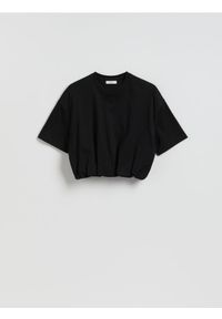 Reserved - Krótki t-shirt z marszczeniem - czarny. Kolor: czarny. Materiał: dzianina, bawełna. Długość: krótkie