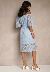 Renee - Niebieska Sukienka z Bawełną z Paskiem z Klamrą Perełkami i Cyrkoniami Neralisse. Kolor: niebieski. Materiał: bawełna. Styl: klasyczny, elegancki #3