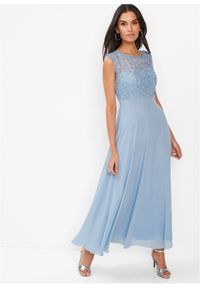 bonprix - Długa sukienka wieczorowa z koronką. Kolor: niebieski. Materiał: koronka. Wzór: koronka. Styl: wizytowy. Długość: maxi #1