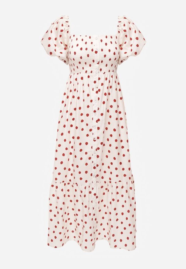 Renee - Beżowa Rozkloszowana Sukienka w Kropki z Bawełny z Bufiastymi Rękawami Aninele. Kolor: beżowy. Materiał: bawełna. Wzór: kropki. Sezon: lato