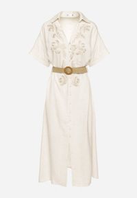 Born2be - Beżowa Wiskozowa Sukienka Koszulowa z Lnem Zdobiona Haftem i Paskiem Atelinda. Okazja: na co dzień, do pracy. Typ kołnierza: kołnierzyk klasyczny. Kolor: beżowy. Wzór: aplikacja, haft. Typ sukienki: koszulowe. Materiał: len, wiskoza. Długość rękawa: krótki rękaw. Sezon: lato. Styl: klasyczny, casual, elegancki #3