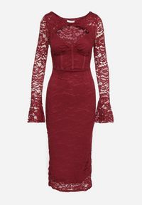 Born2be - Bordowa Dopasowana Sukienka z Koronki z Rozszerzanymi Rękawami Selathea. Kolor: czerwony. Materiał: koronka. Wzór: koronka. Styl: wizytowy, klasyczny, elegancki #6