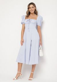 Born2be - Niebieska Sukienka w Rustykalnym Stylu z Wiązaniem przy Dekolcie i Rozcięciem Idanillea. Okazja: na spacer, na co dzień. Typ kołnierza: dekolt kwadratowy. Kolor: niebieski. Typ sukienki: rozkloszowane. Styl: casual #3