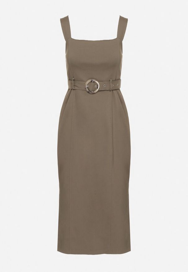 Born2be - Ciemnozielona Dopasowana Sukienka z Wiskozą z Rozcięciami i Paskiem z Klamrą Mepelle. Okazja: na co dzień. Typ kołnierza: dekolt kwadratowy. Kolor: zielony. Materiał: wiskoza. Typ sukienki: dopasowane. Styl: elegancki, casual, klasyczny