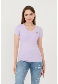 Guess - GUESS Lawendowy damski t-shirt Mini Triangle Tee, Rozmiar S. Kolor: fioletowy #1
