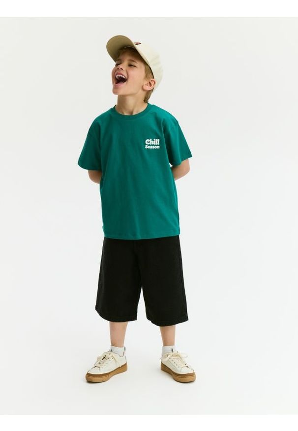 Reserved - Bawełniany t-shirt z nadrukiem - zielony. Kolor: zielony. Materiał: bawełna. Wzór: nadruk