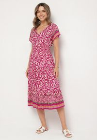 Born2be - Fioletowa Bawełniana Sukienka z Gumką w Talii i Guzikami Natiflione. Okazja: na co dzień. Typ kołnierza: dekolt w kształcie V. Kolor: fioletowy. Materiał: bawełna. Typ sukienki: rozkloszowane, oversize. Styl: klasyczny, casual, elegancki #5