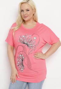 Born2be - Różowy T-shirt z Ozdobnym Nadrukiem i Cyrkoniami Colilena. Okazja: na co dzień. Kolor: różowy. Wzór: nadruk. Styl: klasyczny, casual, elegancki