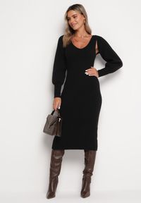 Born2be - Czarna Dzianinowa Sukienka Midi z Trójkątnym Dekoltem i Bolerkiem z Bufiastymi Rękawami Vorteia. Kolor: czarny. Materiał: dzianina. Długość rękawa: na ramiączkach. Długość: midi #4