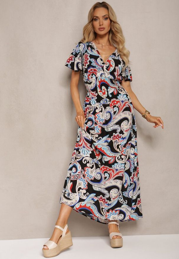 Renee - Czarno-Niebieska Rozkloszowana Sukienka z Bawełny o Kopertowym Kroju w Print Paisley Piavella. Okazja: na co dzień. Kolor: czarny. Materiał: bawełna. Wzór: paisley, nadruk. Typ sukienki: kopertowe. Styl: elegancki, casual