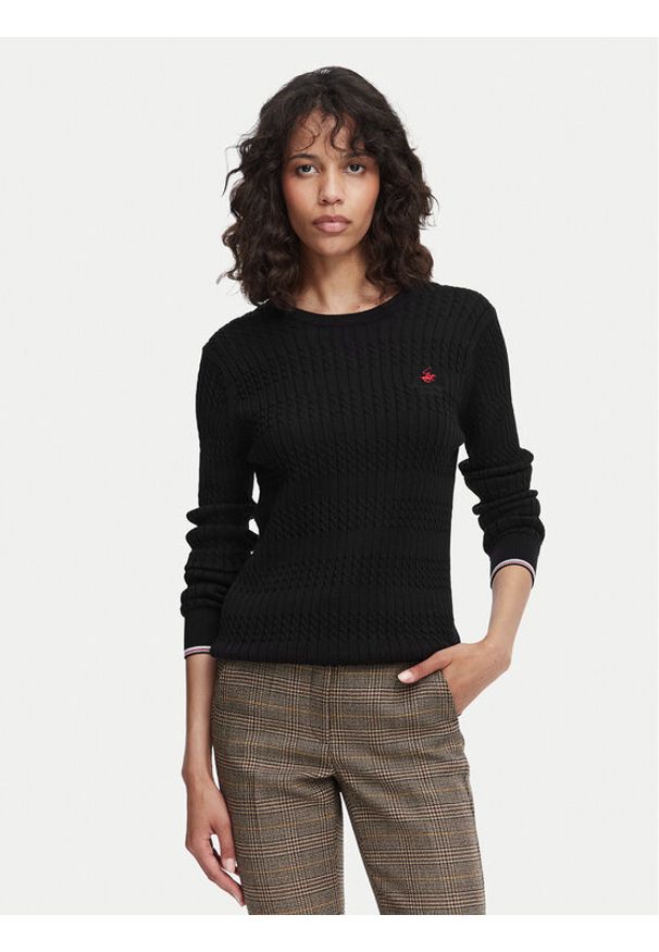Beverly Hills Polo Club Sweter P-SS26W-M537390BLK Czarny Regular Fit. Typ kołnierza: polo. Kolor: czarny. Materiał: bawełna