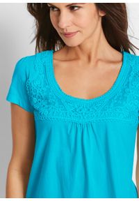 Shirt bawełniany z koronką i krótkim rękawem bonprix błękit laguny. Kolor: niebieski. Materiał: bawełna, koronka. Długość rękawa: krótki rękaw. Długość: krótkie. Wzór: koronka #4