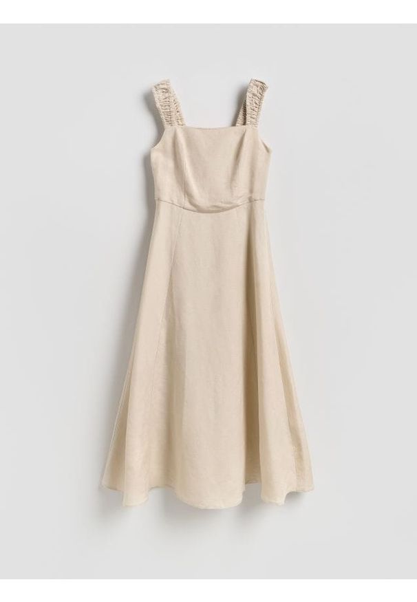 Reserved - Sukienka midi z lnem - beżowy. Kolor: beżowy. Materiał: len. Długość: midi