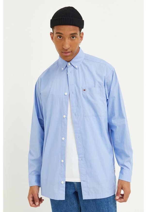 Tommy Jeans koszula bawełniana męska kolor niebieski relaxed z kołnierzykiem button-down. Typ kołnierza: button down. Kolor: niebieski. Materiał: bawełna. Długość rękawa: długi rękaw. Długość: długie