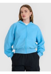 4f - 4F Bluza dresowa rozpinana z kapturem damska - niebieska S. Okazja: na co dzień. Typ kołnierza: kaptur. Kolor: niebieski. Materiał: dresówka. Wzór: gładki, ze splotem. Styl: klasyczny, casual, sportowy #1