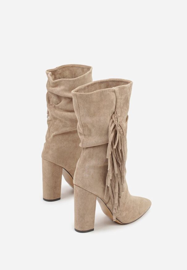 Renee - Ciemnobeżowe Botki Kowbojki na Słupku z Frędzlami Reisetia. Kolor: beżowy. Materiał: jeans. Obcas: na słupku. Styl: elegancki