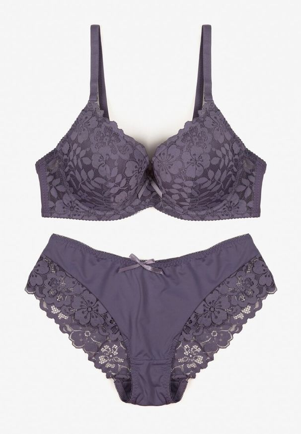 Renee - Fioletowy Koronkowy Komplet Majtki Figi i Biustonosz Eziselle. Kolor: fioletowy. Materiał: koronka. Wzór: koronka