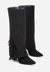 Renee - Czarne Kozaki na Słupkowym Obcasie z Cholewką Imitującą Nogawkę z Frędzlami Linafela. Kolor: czarny. Materiał: zamsz, koronka. Szerokość cholewki: normalna. Obcas: na obcasie. Styl: elegancki. Wysokość obcasa: średni #6