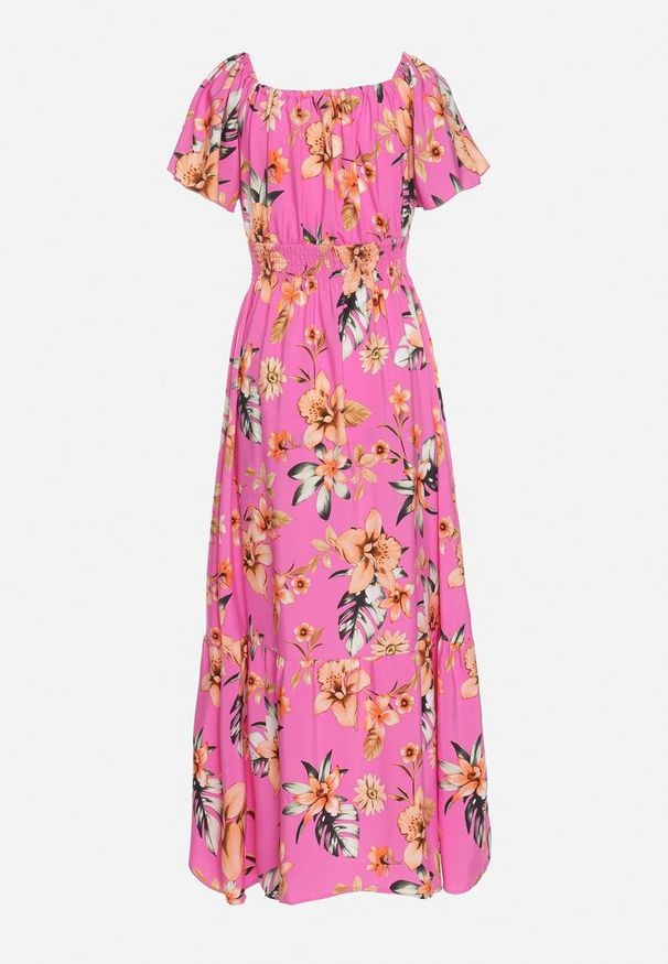 Born2be - Fuksjowa Sukienka w Kwiaty z Gumką w Talii i Hiszpańskim Dekoltem Devoris. Okazja: na spacer, na imprezę, na co dzień. Kolor: różowy. Wzór: kwiaty. Sezon: lato. Styl: casual, elegancki