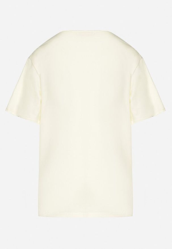 Born2be - Żółty T-shirt Oversize z Ozdobną Koronką i Perłami Elanoriel. Okazja: na co dzień. Kolor: żółty. Materiał: koronka. Wzór: koronka. Styl: klasyczny, casual