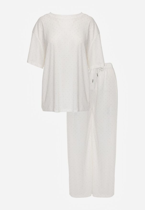 Born2be - Biały Komplet Oversize z Cyrkoniami T-shirt i Spodnie Arnatea. Kolor: biały. Wzór: aplikacja