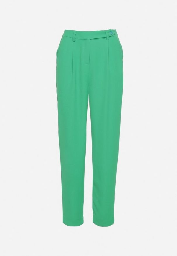 Born2be - Zielone Eleganckie Spodnie z Wysokim Stanem z Prostymi Nogawkami i Gumką w Pasie Althema. Okazja: na co dzień. Stan: podwyższony. Kolor: zielony. Materiał: materiał. Styl: elegancki