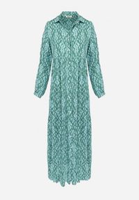 Born2be - Zielono-Niebieska Sukienka Koszulowa w Ornamentalny Wzór Midis. Okazja: na co dzień, na spacer. Kolor: zielony. Materiał: wiskoza. Długość rękawa: długi rękaw. Typ sukienki: koszulowe. Styl: casual, elegancki #6