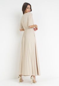 Born2be - Beżowa Sukienka Plisowana Maxi z Wiązanym Paskiem Dianiza. Kolor: beżowy. Materiał: materiał. Długość: maxi #3
