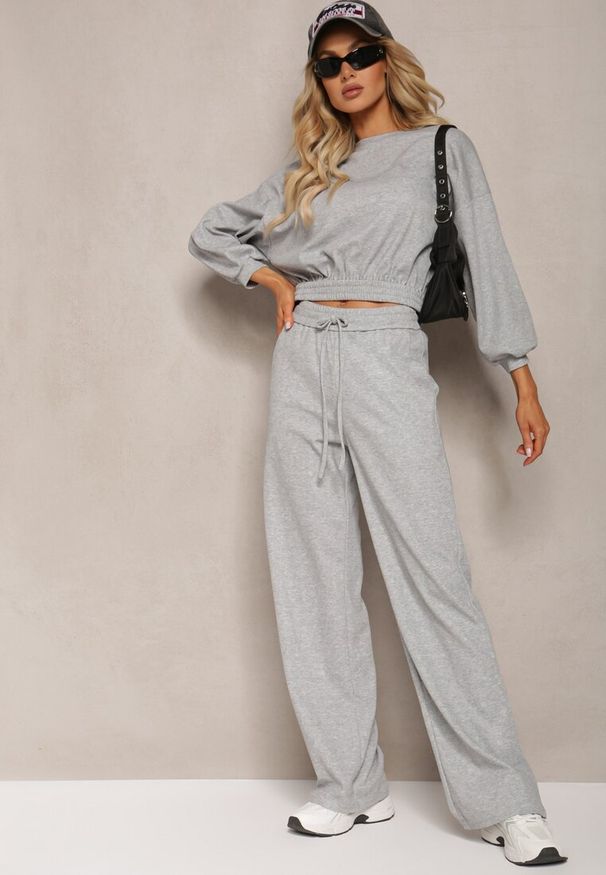 Renee - Szary Bawełniany Komplet Bluza Krótka ze Ściągaczem i Szerokie Spodnie ze Sznurkiem w Pasie Rionnea. Kolor: szary. Materiał: bawełna