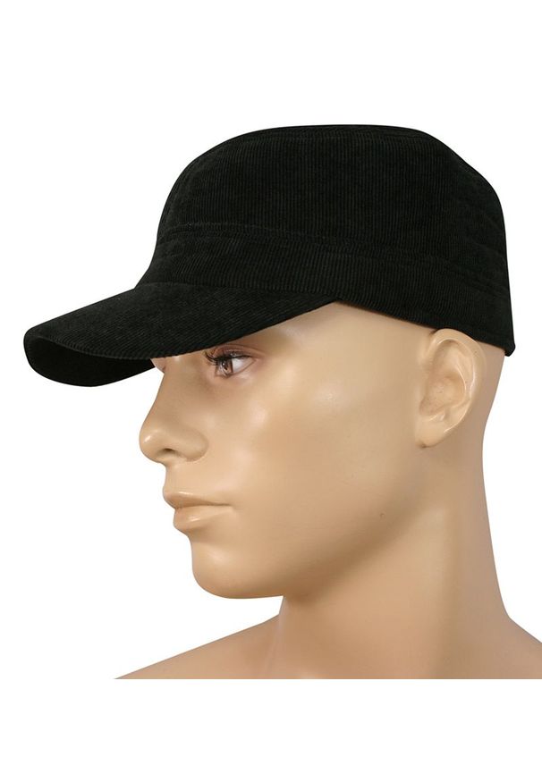 Czapka z Daszkiem Czarna, Sztruksowa, Jesienno-Zimowa, Męska, Patrolówka, Regulowana -Pako Jeans. Kolor: czarny. Materiał: poliester. Sezon: jesień, zima