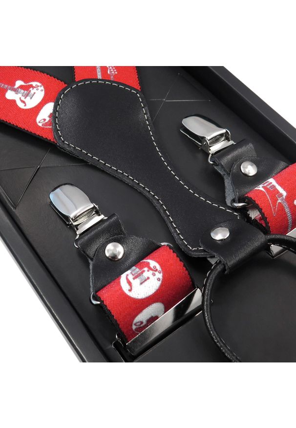 Modini - Czerwone szelki męskie w białe gitary SZ61. Kolor: biały, wielokolorowy, czerwony. Materiał: skóra, guma