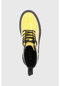 GOE Botki skórzane damskie kolor żółty na płaskim obcasie ocieplone. Nosek buta: okrągły. Zapięcie: sznurówki. Kolor: żółty. Materiał: skóra. Obcas: na obcasie. Wysokość obcasa: niski #5