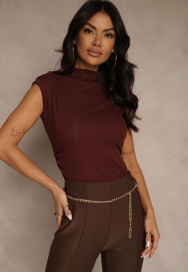 Renee - Bordowy Top z Bawełny i Wiskozy ze Stójką i Marszczeniem w Talii Zetelie. Typ kołnierza: kołnierzyk stójkowy. Kolor: czerwony. Materiał: bawełna, wiskoza. Styl: elegancki