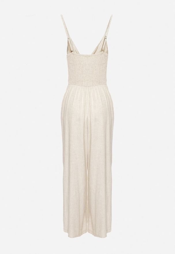 Born2be - Beżowy Kombinezon Bawełniany na Regulowanych Ramiączkach Ozdobiony Wiązaniem Tylida. Okazja: na co dzień. Kolor: beżowy. Materiał: bawełna. Długość rękawa: na ramiączkach. Wzór: aplikacja. Styl: casual, elegancki